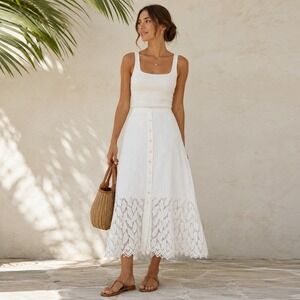 Serendipity Maui Midi Skirt L Ivory Embroidered Lace Hem Resort Boho Coastal Vtg